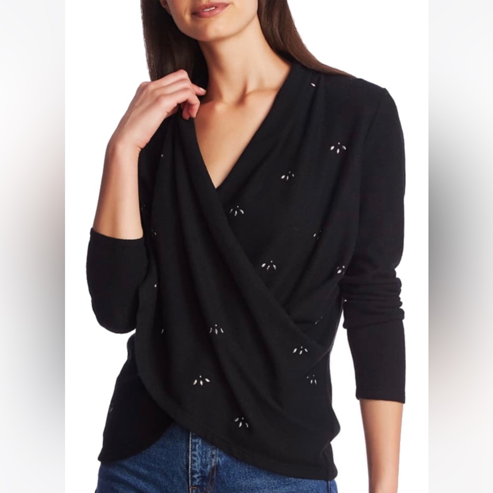 EUC 1.STATE Embellished Cross Front top black silver holiday small S fits medium